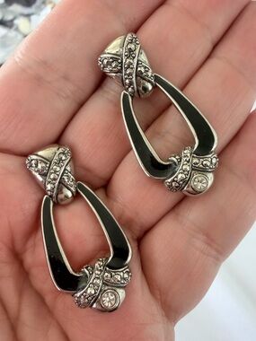 Avon Silver-Tone Black Enamel Dangle Earrings